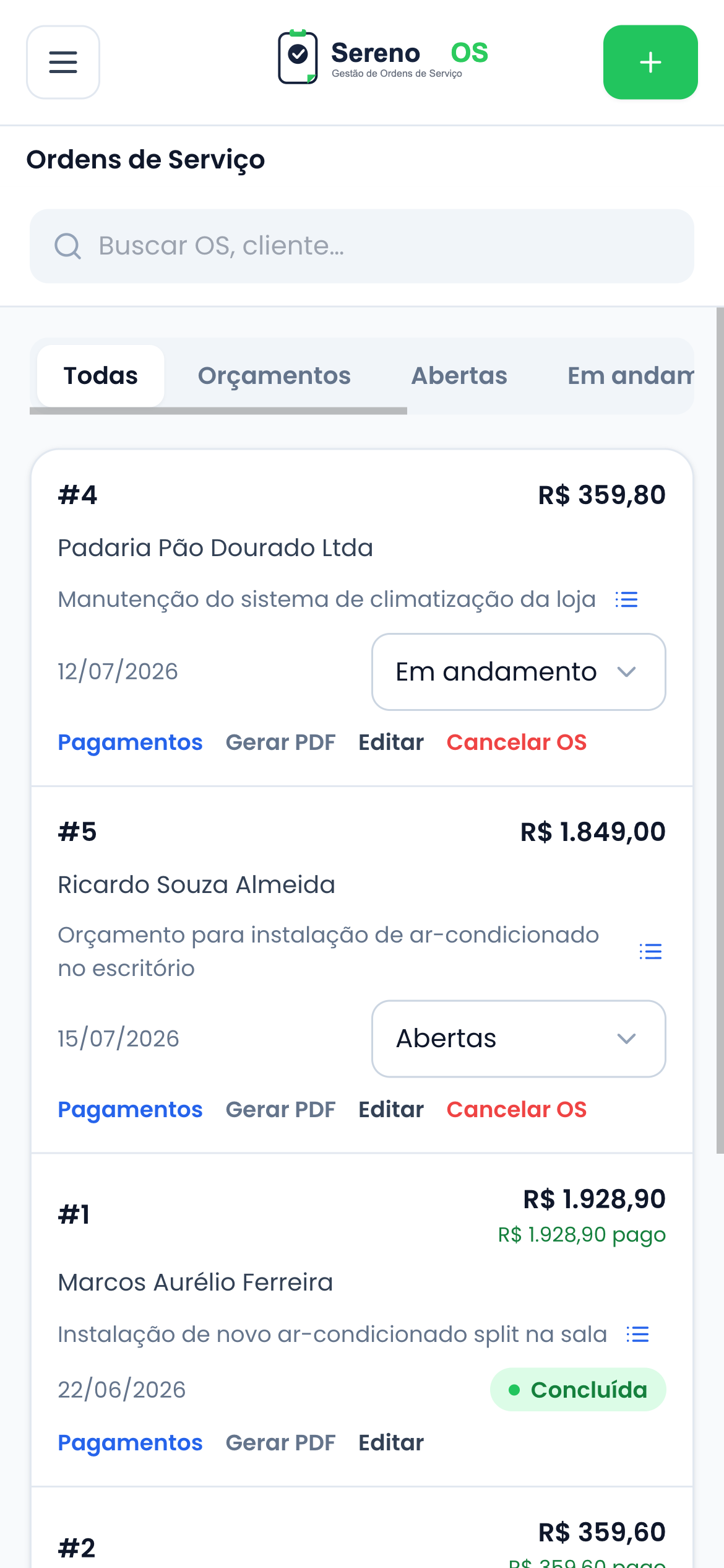 Lista de ordens de serviço do Sereno OS otimizada para tela de celular